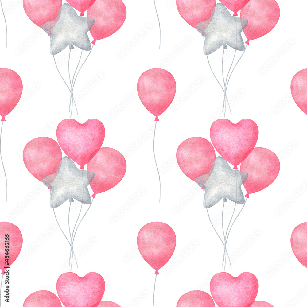 Pink balloons. Seamless pattern with watercolor blue air ball. Background for a holiday, gender reveal , birthday, baby shower, valentine's day. Print for fabric, textiles, paper