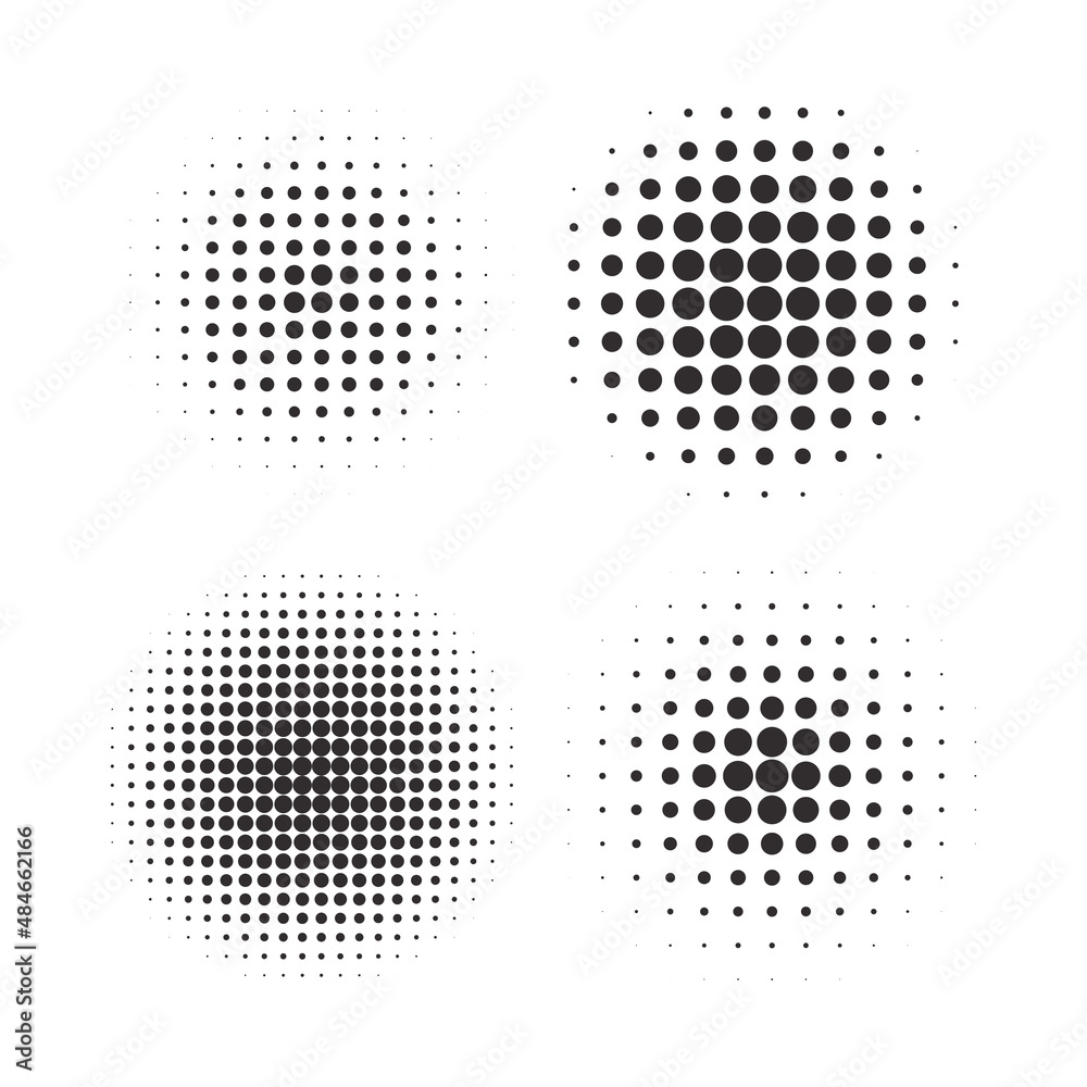 Halftone circles, halftone dot pattern texture set on white background