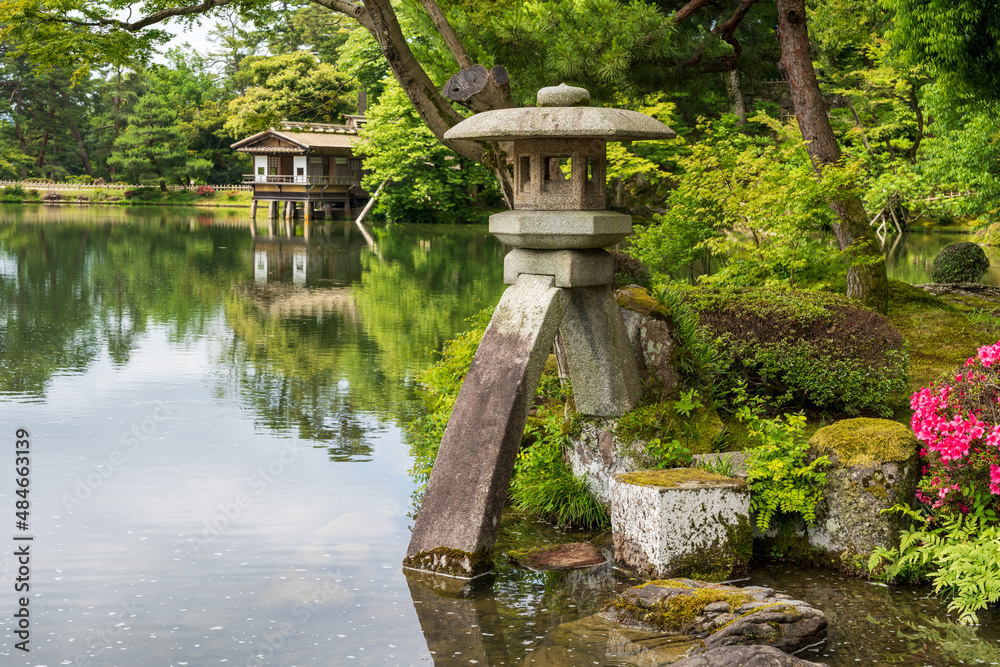 初夏の緑の包まれた石川県金沢市にある兼六園　※灯籠の隣のモミジは若い木に変わりました