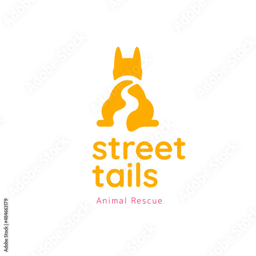 Dog tails logo with street on negative space. Dog logo for rescue animal business