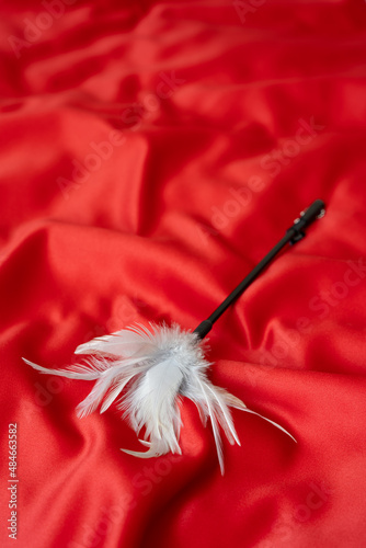Accessories for bdsm - feather tickler on a red satin fabric background. Valentine's Day.