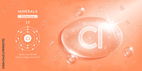 Drop water minerals chlorine orange . Minerals complex with Chemical formula from nature. Nutrition healthy food supplement design. Medical and scientific concepts. 3D Realistic Vector EPS10.