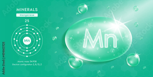Drop water minerals manganese green. Minerals complex with Chemical formula from nature. Nutrition healthy food supplement design. Medical and scientific concepts. 3D Realistic Vector EPS10.