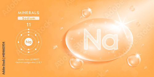Drop water minerals sodium orange. Minerals complex with Chemical formula from nature. Nutrition healthy food supplement design. Medical and scientific concepts. 3D Realistic Vector EPS10.