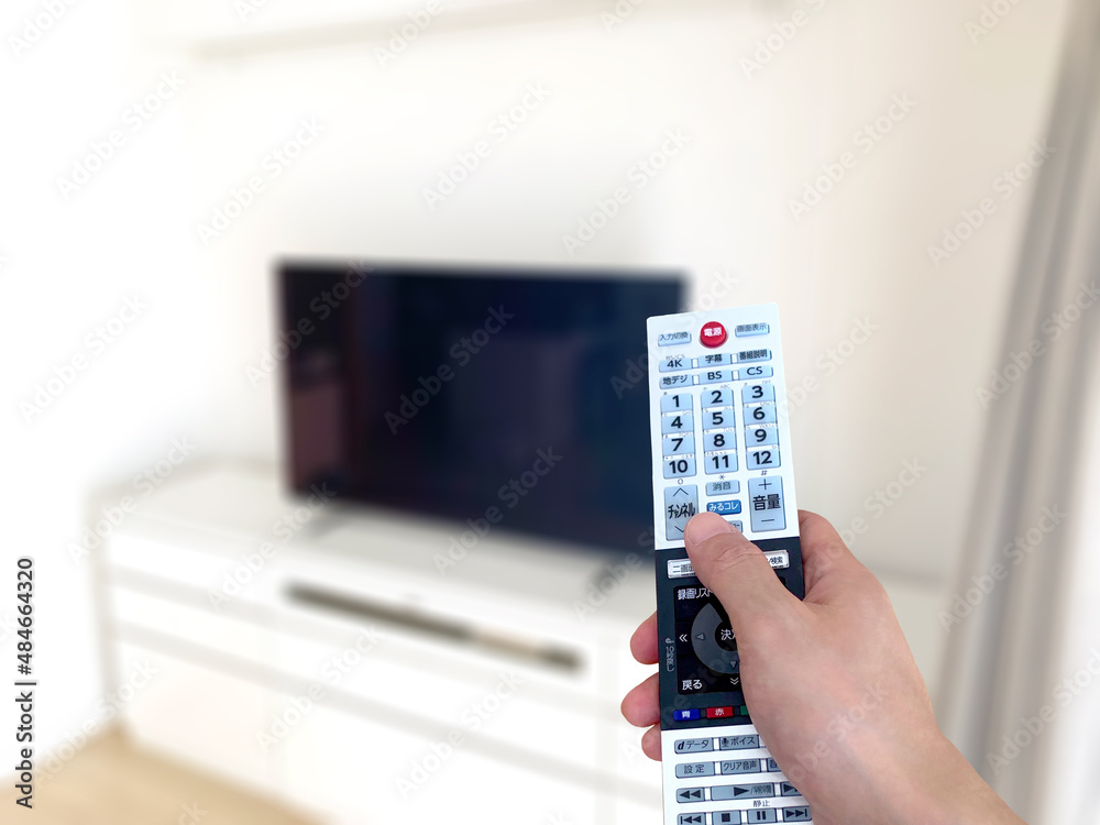 薄型テレビの前でリモコンをかざす手 薄型テレビの前でリモコンをかざす手