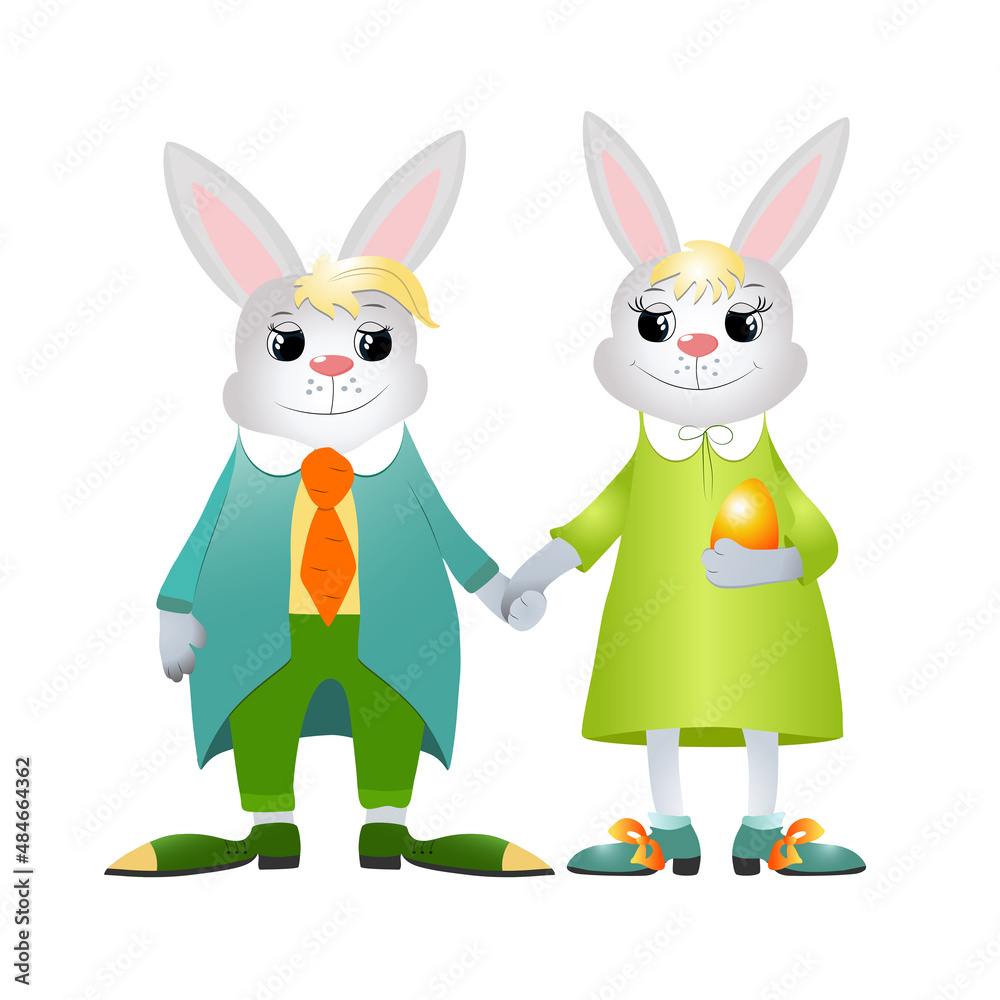 Happy Easter bunnies are smiling tenderly. Rabbits are dressed in bright clothes. Vector illustration isolated on white background. Happy Easter bunnies are smiling tenderly. Rabbits are dressed in bright clothes. Vector illustration isolated on white background.