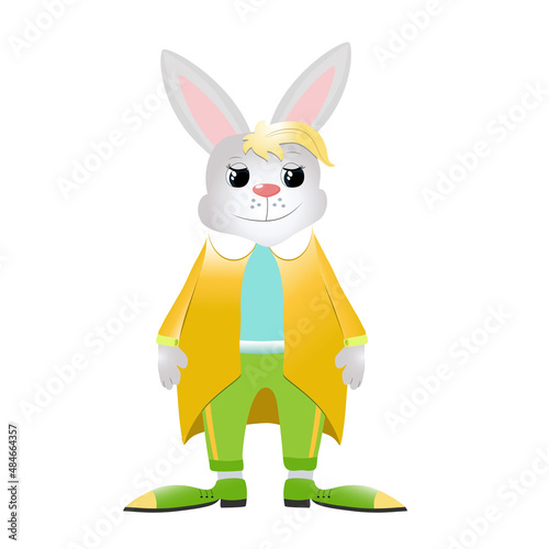 Cute and funny bunny on a white background. Vector illustration of cartoon character. Rabbit dressed in a jacket, pants and tie.