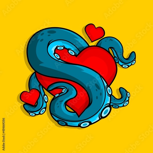 vector illustration of octopus and love sign, love day