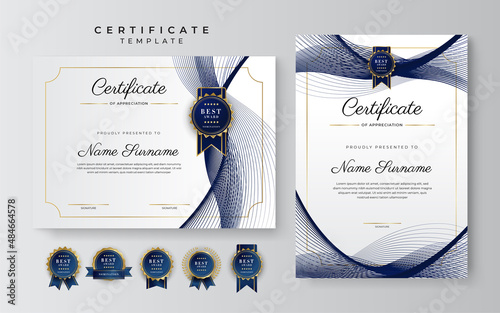 Blue and gold certificate of achievement border template with luxury badge and modern line pattern. For award, business, and education needs