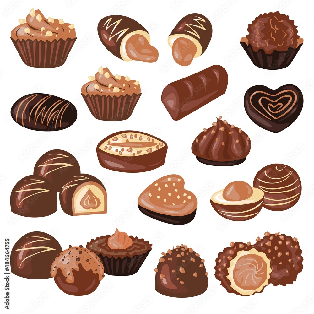 A set of chocolates of various flavors. Vector illustration isolated on white background. For postcards, invitations, shop, cafe, banner, advertising.