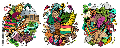 Bolivia cartoon vector doodle designs set.