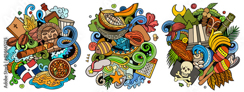 Dominican Republic cartoon vector doodle designs set.