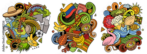 Ecuador cartoon vector doodle designs set.