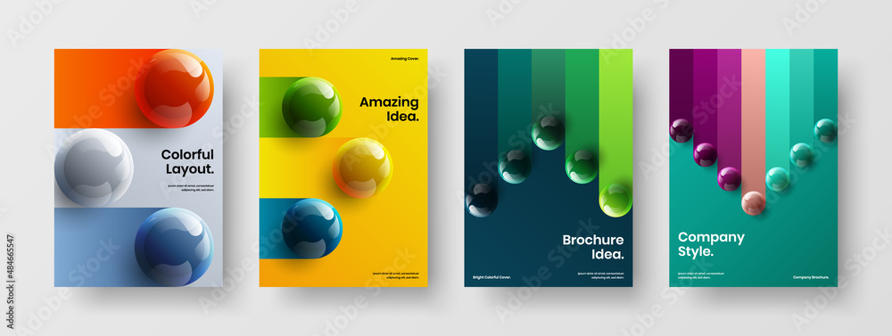 Multicolored realistic balls catalog cover illustration bundle. Vivid leaflet A4 vector design concept composition.