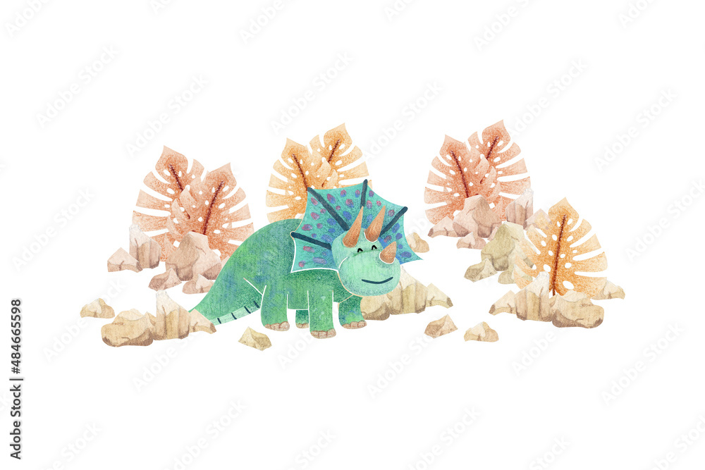 Obraz premium collection of watercolor illustration (cute turquoise dinosaurs) on isolated background. For stationery design (postcards, calendars, notebooks, booklet etc.), clothing print, etc., phone case design