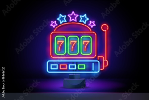 Neon gaming slot machine 777. Neon sign design. Vector game machine. Design lettering Jackpot. Gambling game, lucky chance, random, lucky number