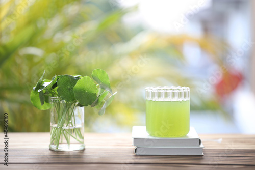 pennywort juice and notebook on wooden table photo