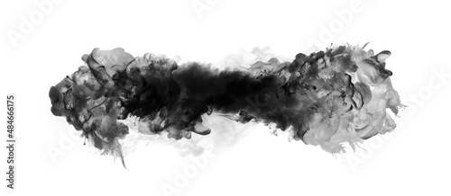 Black smoke and colors blot on white. Abstract horizontal long background.