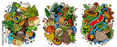 Suriname cartoon vector doodle designs set.
