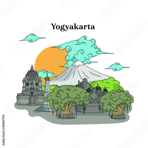 Illustration of Yogyakarta landmark. Hand drawn Indonesian illustration. Borobudur temple, Prambanan temple, Tugu Jogja.