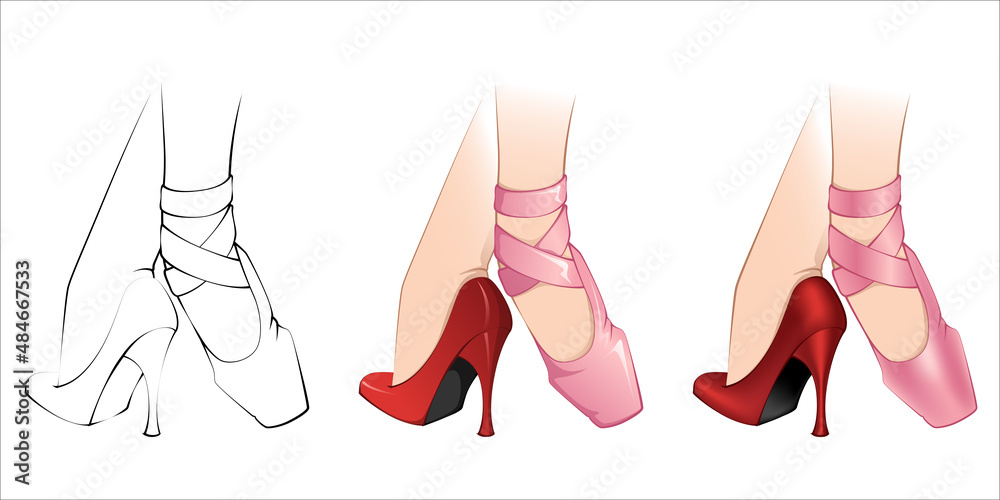 Ballerina Life 01 - Ballerina feet wearing a pink pointe shoe and a high heel red shoe. Lineart, vector and mesh gradient