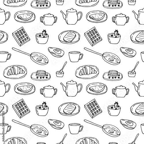 Breakfast seamless pattern vector illustration, hand drawing doodles