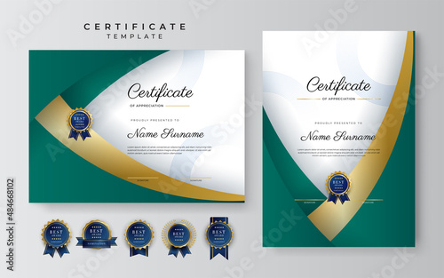 Modern dark green and gold business certificate design template in professional style with gold badge and border frame pattern. Vector illustration