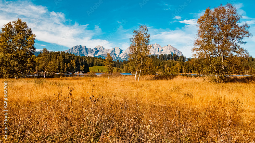 Beautiful alpine summer view with the famous Wilder Kaiser mountains at the Schwarzsee lake, Tyrol, Austria