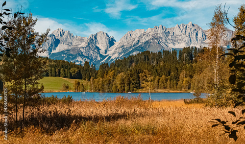 Beautiful alpine summer view with the famous Wilder Kaiser mountains at the Schwarzsee lake, Tyrol, Austria