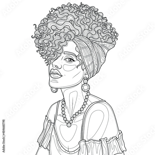 Black curly girl.Coloring book antistress for children and adults. Illustration isolated on white background.Zen-tangle style. Hand draw
