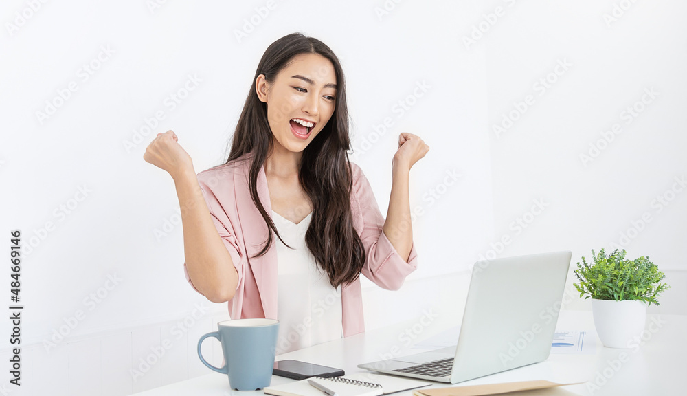 Portrait of smile beautiful business asian woman pink suit working office desk computer. Small business sme people employee freelance online start up marketing designer telemarket successful banner Portrait of smile beautiful business asian woman pink suit working office desk computer. Small business sme people employee freelance online start up marketing designer telemarket successful banner