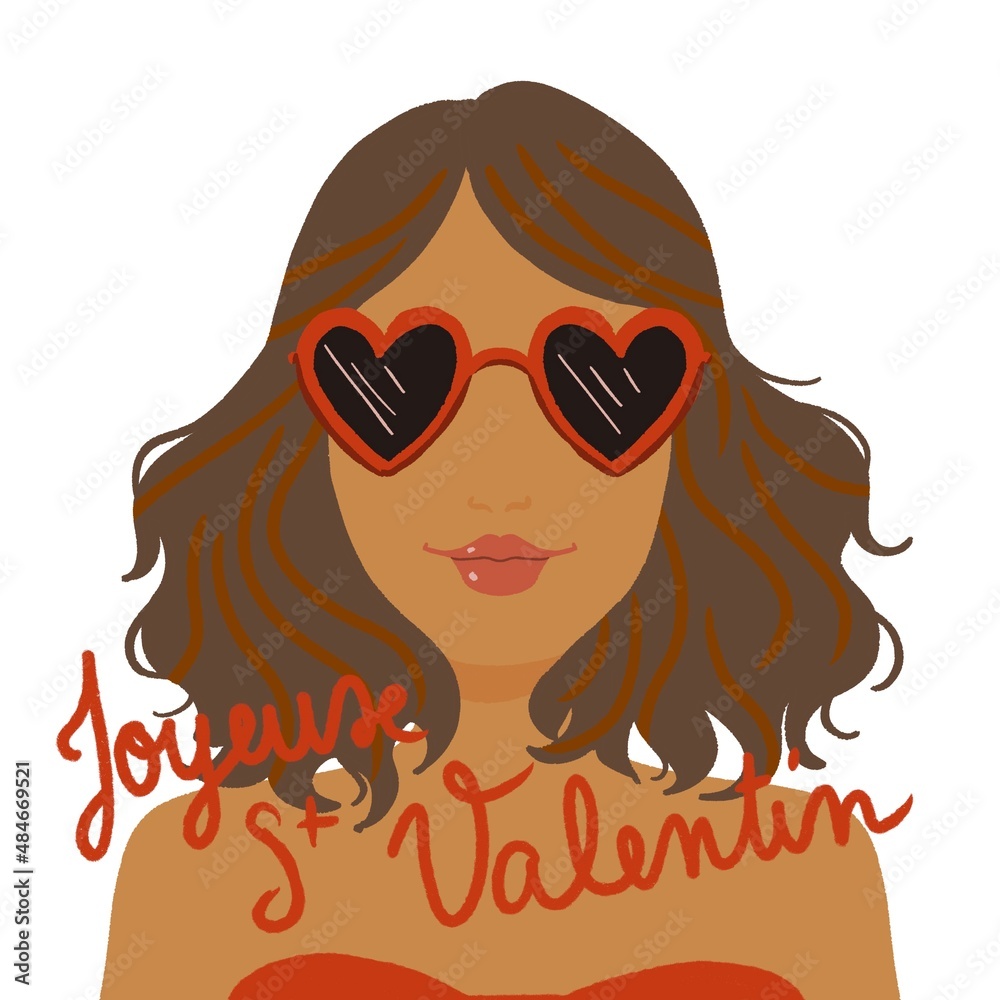 Portrait de femme brune avec des lunettes de soleil rouges en forme de cœur  pour la saint Valentin Stock Illustration | Adobe Stock