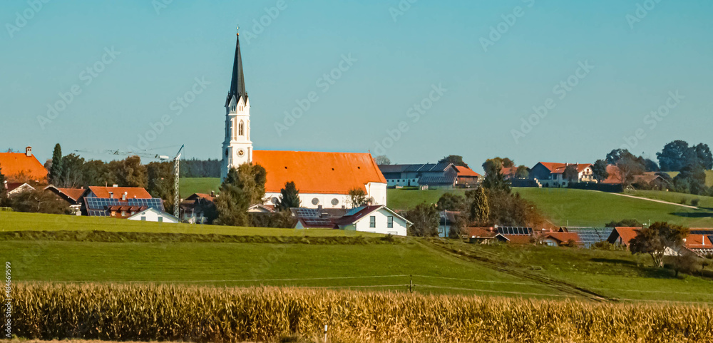 Beautiful autumn or indian summer view with a church near Haag, Bavaria, Germany