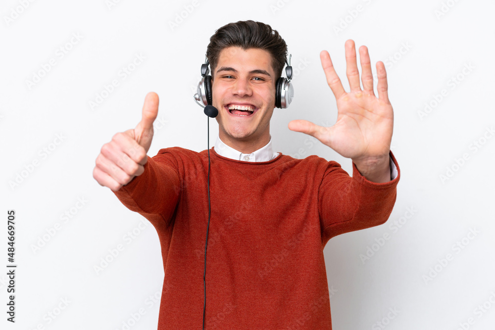 Naklejka premium Telemarketer caucasian man working with a headset isolated on white background counting six with fingers