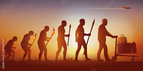 Concept de l’évolution de l’humanité et de son envie de voyager, avec un homme poussant un chariot de valises après avoir évolué selon la théorie de Darwin.