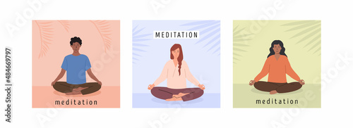 Set of square posters with diverse young male and female people meditating and doing yoga breathing exercise. Cards with capture Meditation with palm leaves on background. Flat vector illustration.