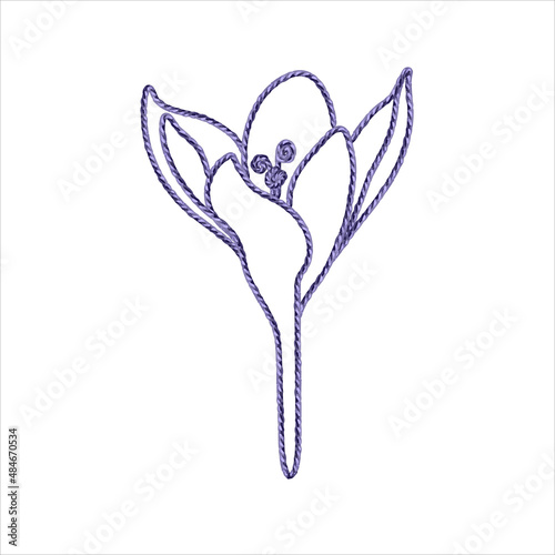 Naive style crocus flower, imitation thread embroidery isolated on white background design element. Concept of spring. Concept of beauty, spring time and hand craft.