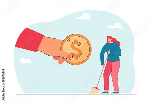 Huge hand giving coin to cleaning lady flat vector illustration. Girl working, sweeping in private house, receiving salary. Cleaning, service concept for banner, website design or landing web page