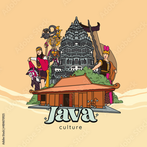 Set Javanese Illustration. Hand drawn Indonesian cultures background photo