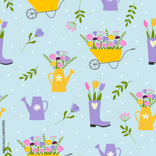 Spring seamless pattern. Cute colorful elements on blue background. Background for scrapbooking  greeting card  party invitation  print  wrapping paper