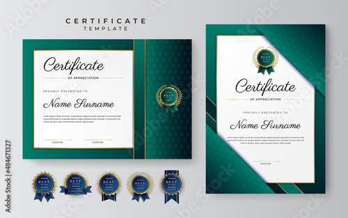 Modern dark green and gold business certificate design template in professional style with gold badge and border frame pattern. Vector illustration