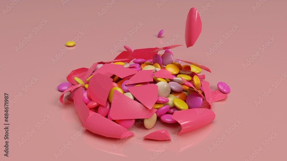 Multiple colorful candies bursting out in a pastel pink table top