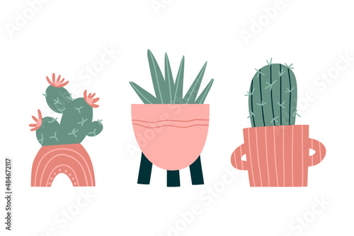 set with houseplants in cute pots of different sizes and shapes. flat vector hand drawn illustration.