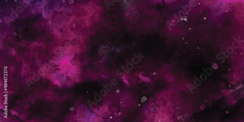 Abstract night sky space watercolor background with stars. Watercolor dark red pink nebula universe. Watercolor hand drawn illustration. Pink watercolor ombre leaks and splashes texture. 	