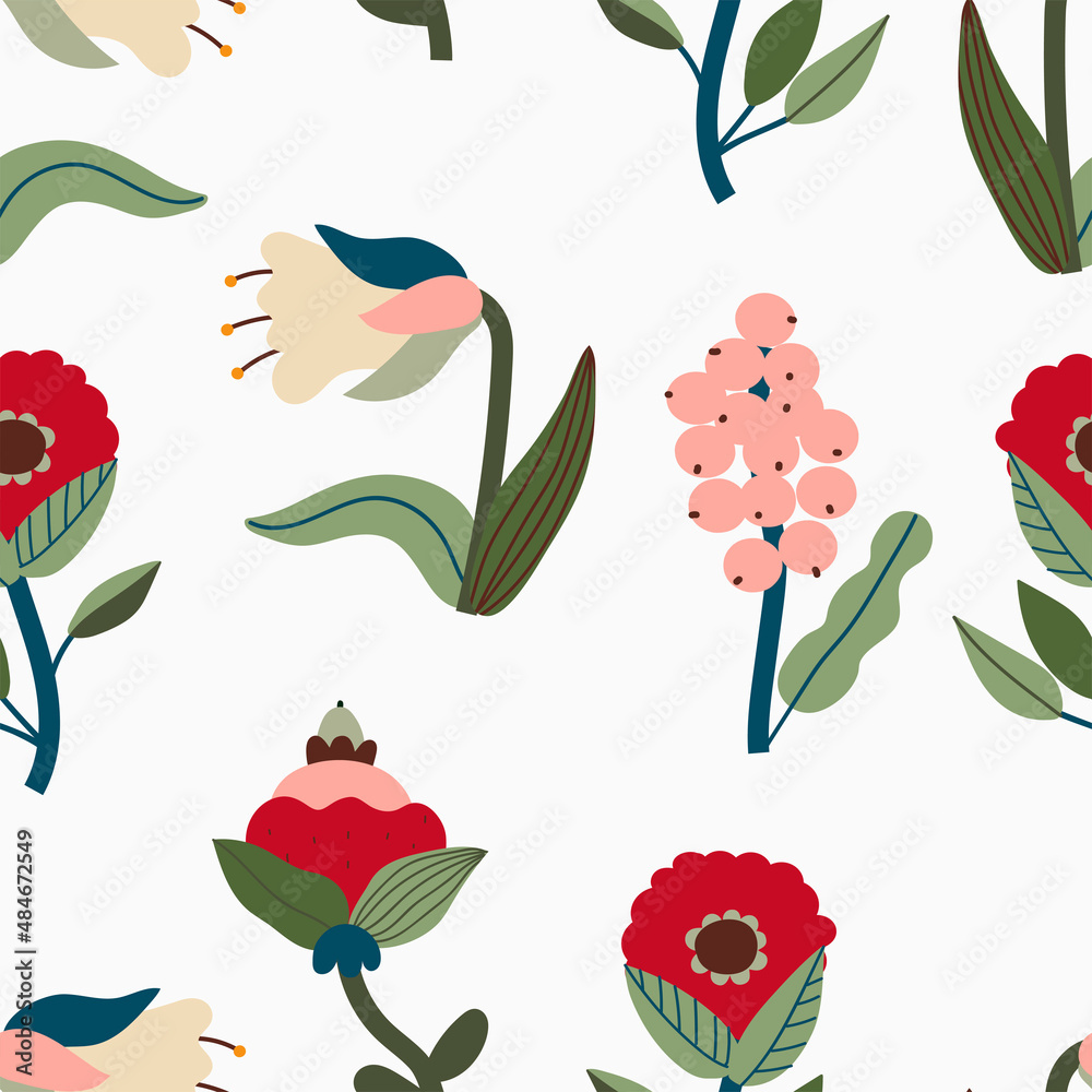 Vector decorative flowers seamless pattern in hand-drawn style. Vintage floral repeat texture. Natural beautiful print design.