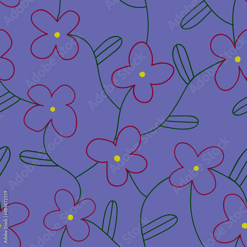 Floral decorative vector seamless pattern with abstract lines flowers in minimalistic style on very peri background. Cute hand-drawn botanical repeated background for fabric design.