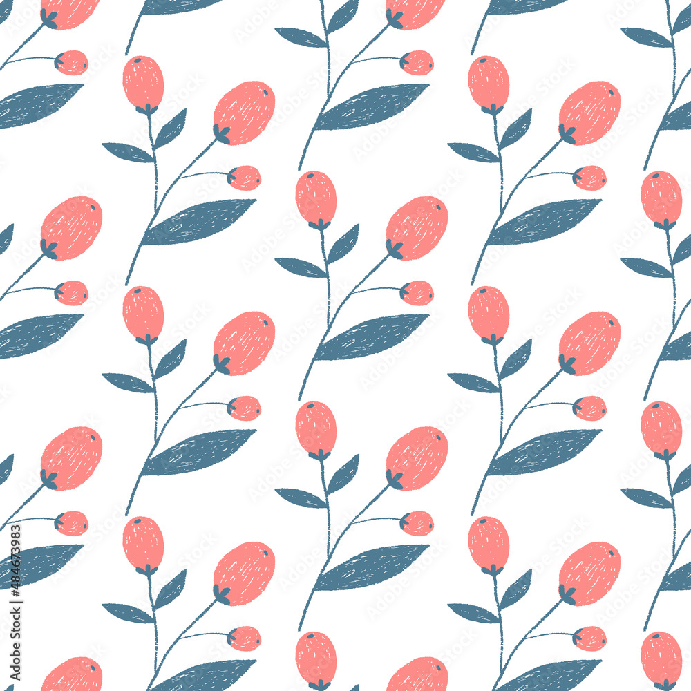 Vector flat flowers, leaves and berries seamless pattern.