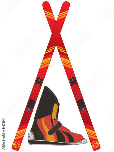 ski jumping, red skis crossed and ski boot isolated on a white background