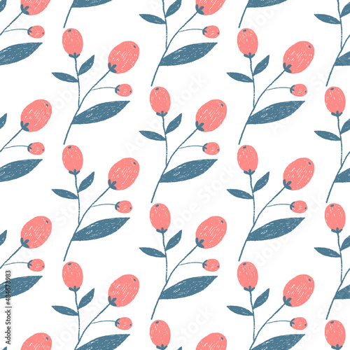 Vector flat flowers  leaves and berries seamless pattern.