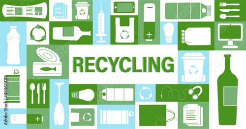 Illustration of waste treatment and sorting in different categories: plastic, paper, e-waste, metal.